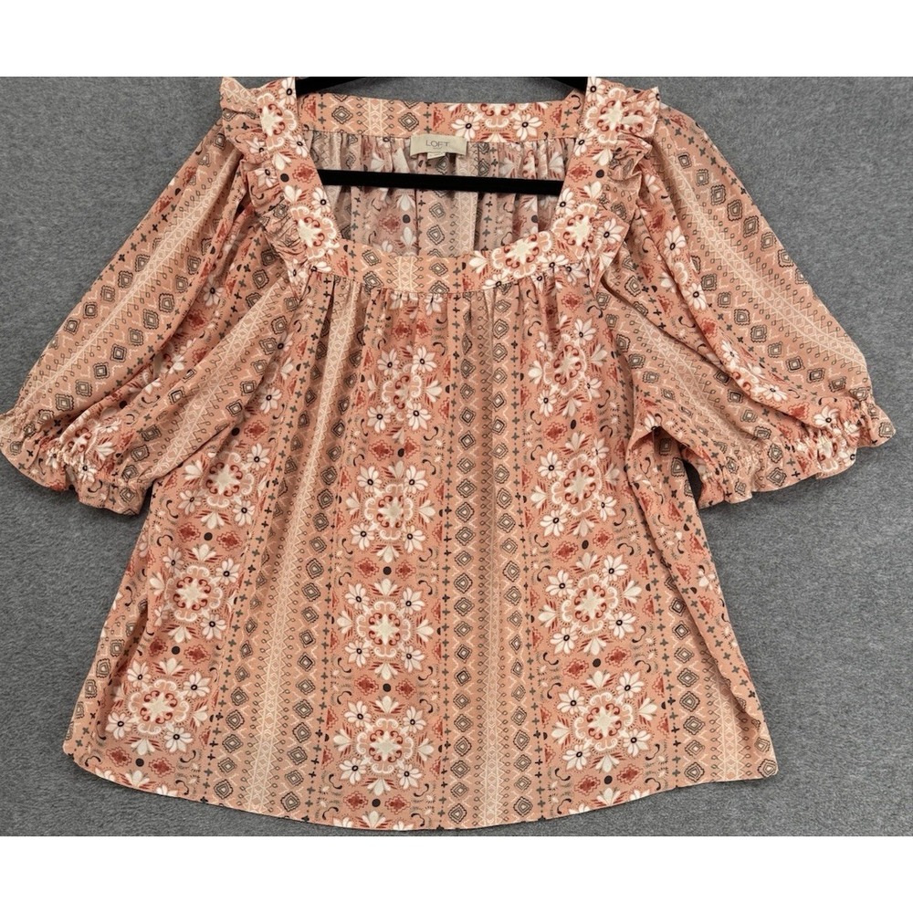 Boho Floral Peasant Blouse Coral Pink 3/4 Sleeve Ruffle Neck Top Large